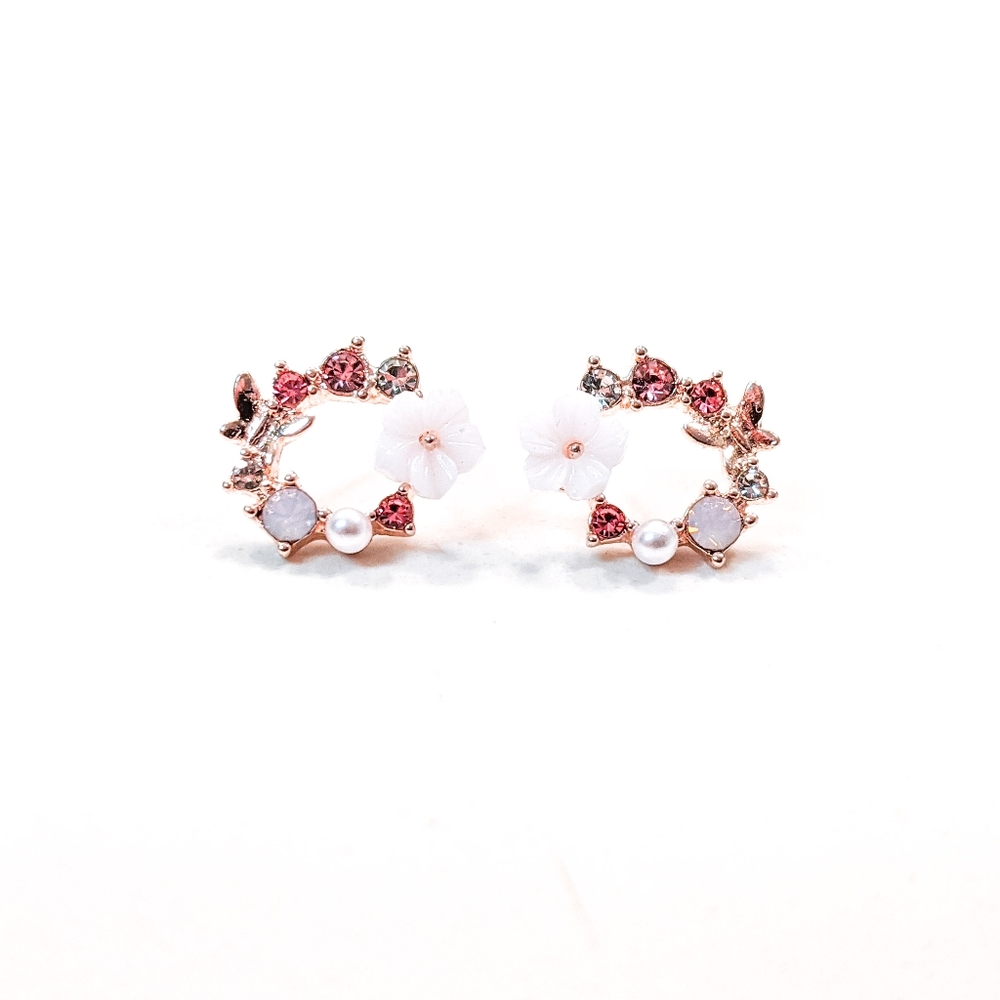 Rose Quartz & Pearl Hibiscus Butterfly Earrings - Picture 6 of 8